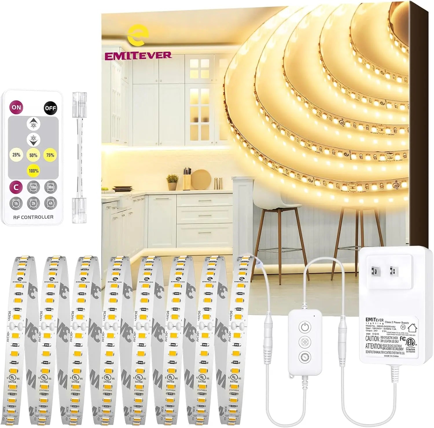 LED Strip Lights Kit 2700K-5000K with Remote & 24V Power Supply, 16.4ft, High Density 600LEDs, 240+LM/FT, CRI95+, UL Listed Emitever
