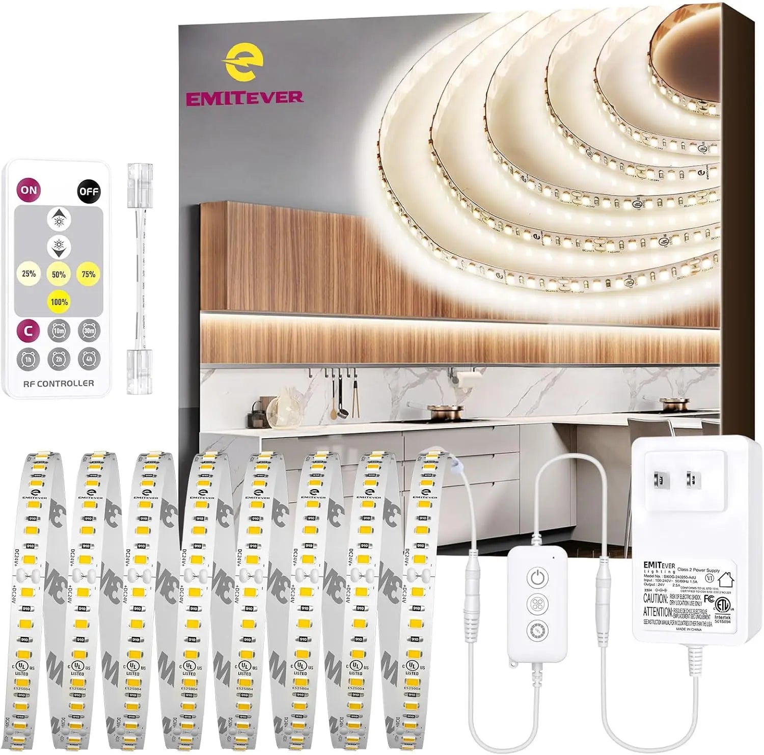 LED Strip Lights Kit 2700K-5000K with Remote & 24V Power Supply, 16.4ft, High Density 600LEDs, 240+LM/FT, CRI95+, UL Listed Emitever