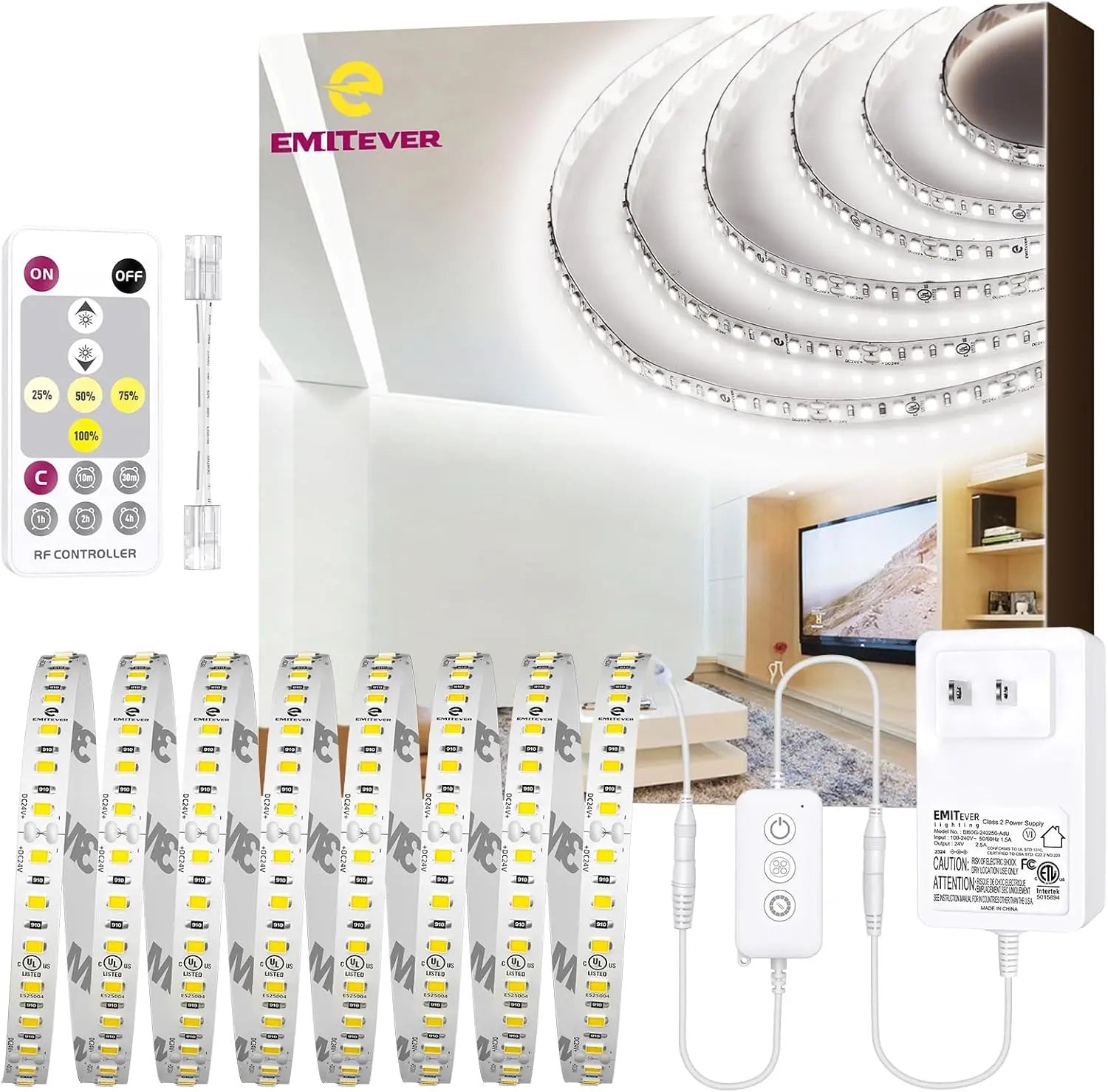 LED Strip Lights Kit 2700K-5000K with Remote & 24V Power Supply, 16.4ft, High Density 600LEDs, 240+LM/FT, CRI95+, UL Listed Emitever