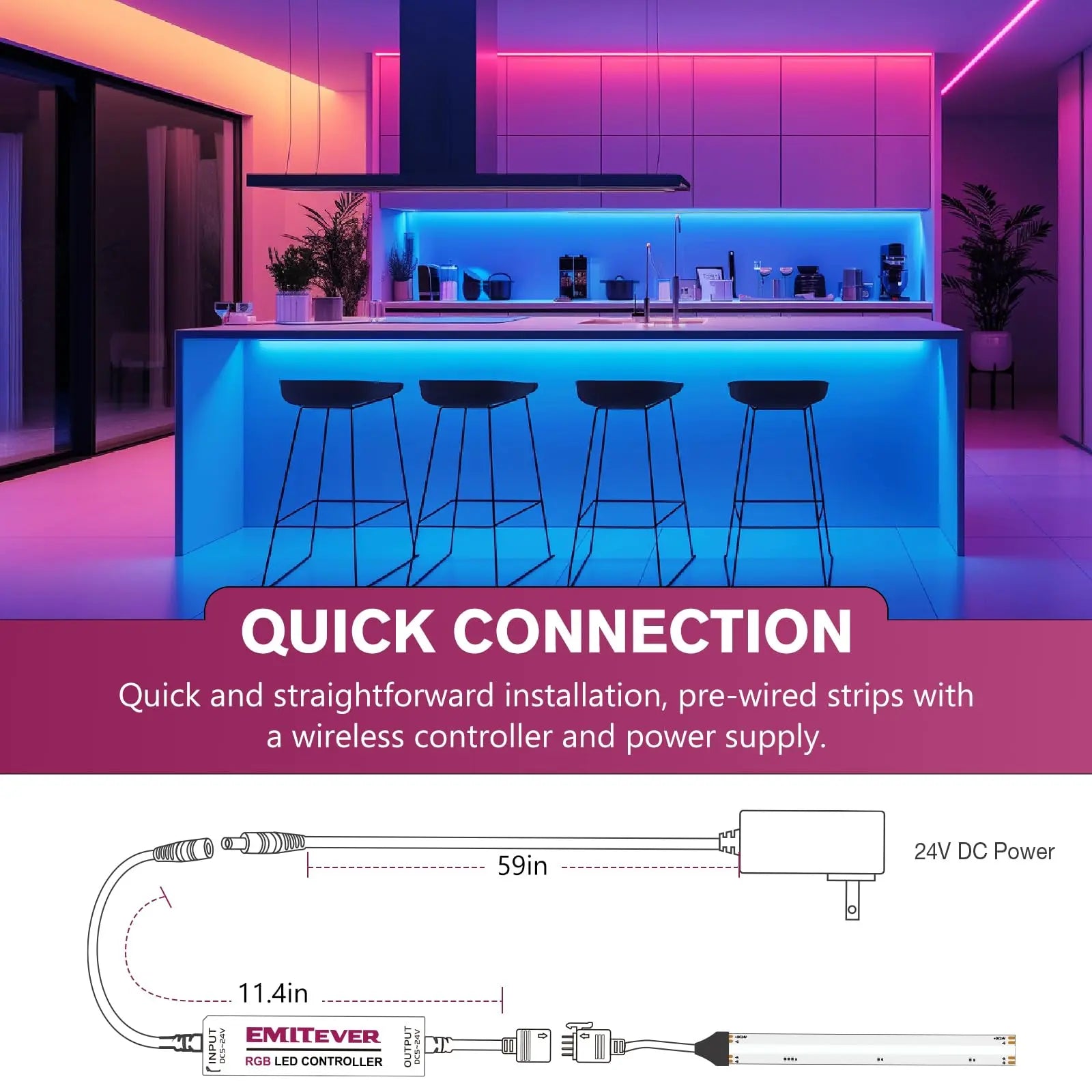 RGB COB LED Strip Light 16.4ft, UL-Listed Dimmable 24V Flexible LED Color Changing Tape Light Kit with Remote Emitever