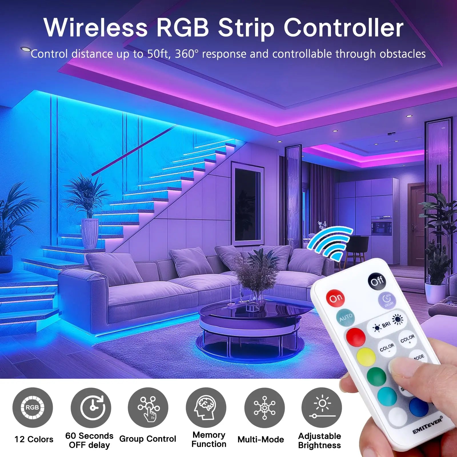 RGB COB LED Strip Light 16.4ft, UL-Listed Dimmable 24V Flexible LED Color Changing Tape Light Kit with Remote Emitever