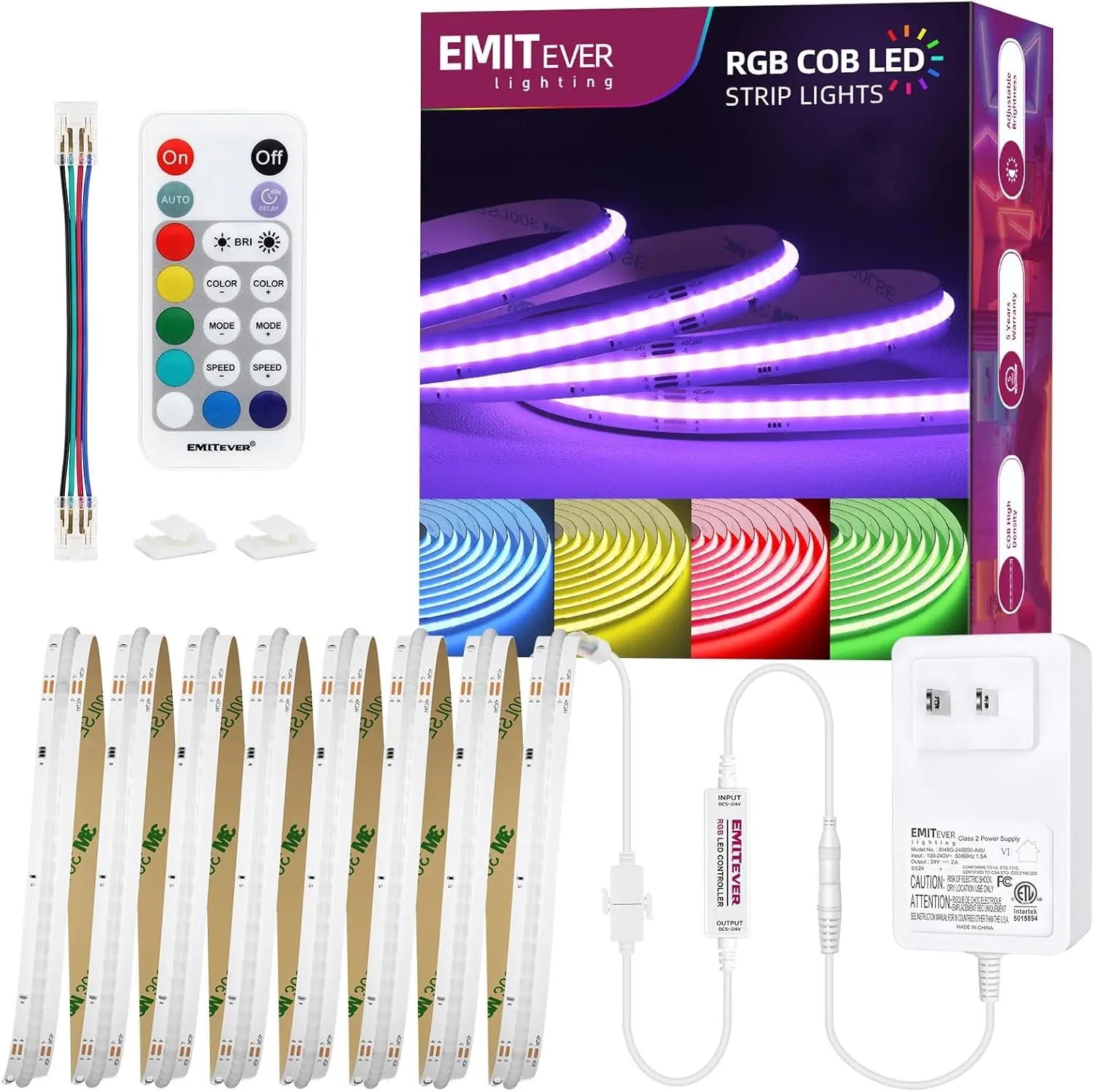RGB COB LED Strip Light 16.4ft, UL-Listed Dimmable 24V Flexible LED Color Changing Tape Light Kit with Remote Emitever