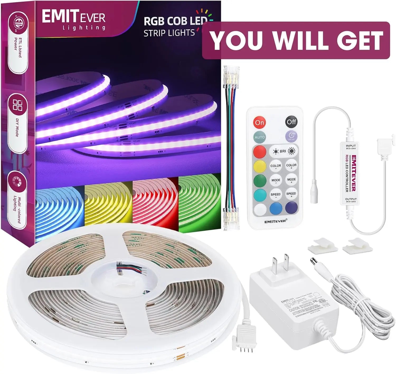 RGB COB LED Strip Light 16.4ft, UL-Listed Dimmable 24V Flexible LED Color Changing Tape Light Kit with Remote Emitever