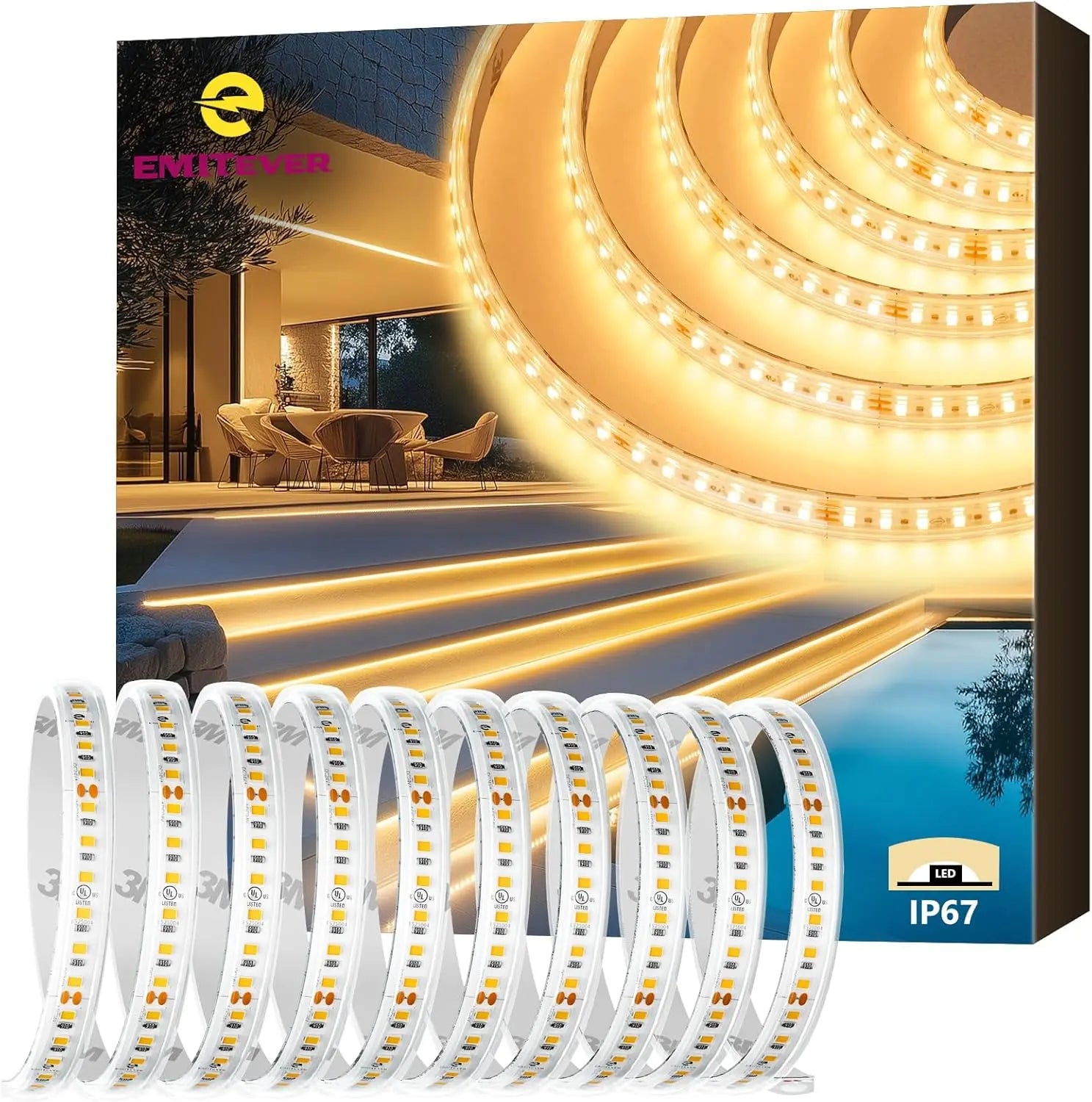Waterproof LED Strip Lights, 16.4ft, 2700K Warm White, IP67 High Density, 300+LM/ft, 600LEDs,3W/ft, UL Listed (Power Supply Sold Separately) Emitever