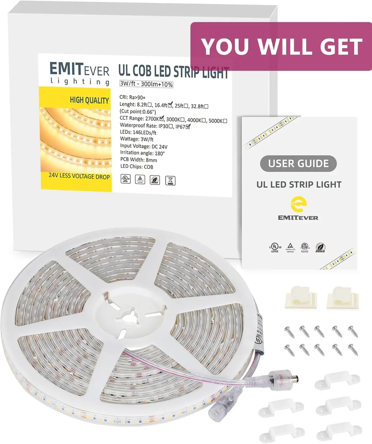 Waterproof LED Strip Lights, 16.4ft, 2700K Warm White, IP67 High Density, 300+LM/ft, 600LEDs,3W/ft, UL Listed (Power Supply Sold Separately) Emitever
