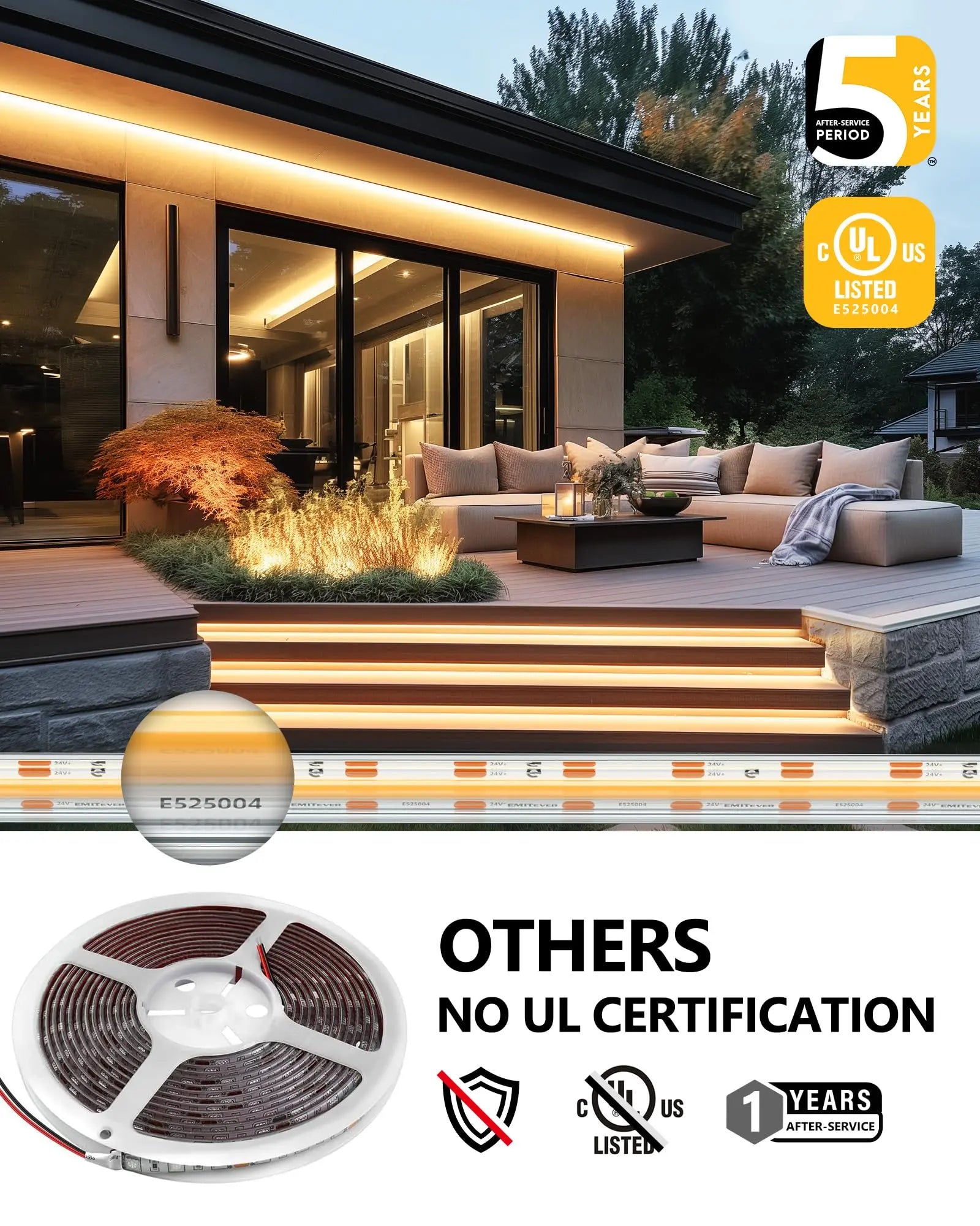 Waterproof, COB LED Strip Lights 2700K-5000K, IP67, 16.4ft High Density, 300+LM/ft, 2400LEDs, 3W/ft, UL Listed (Power Supply Sold Separately) Emitever