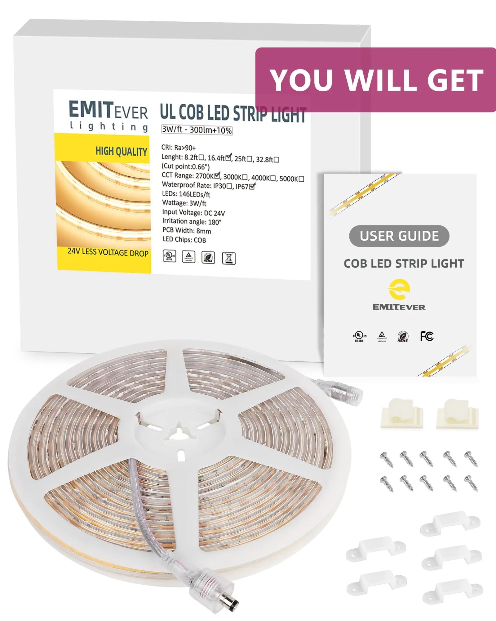 Waterproof, COB LED Strip Lights 2700K-5000K, IP67, 16.4ft High Density, 300+LM/ft, 2400LEDs, 3W/ft, UL Listed (Power Supply Sold Separately) Emitever