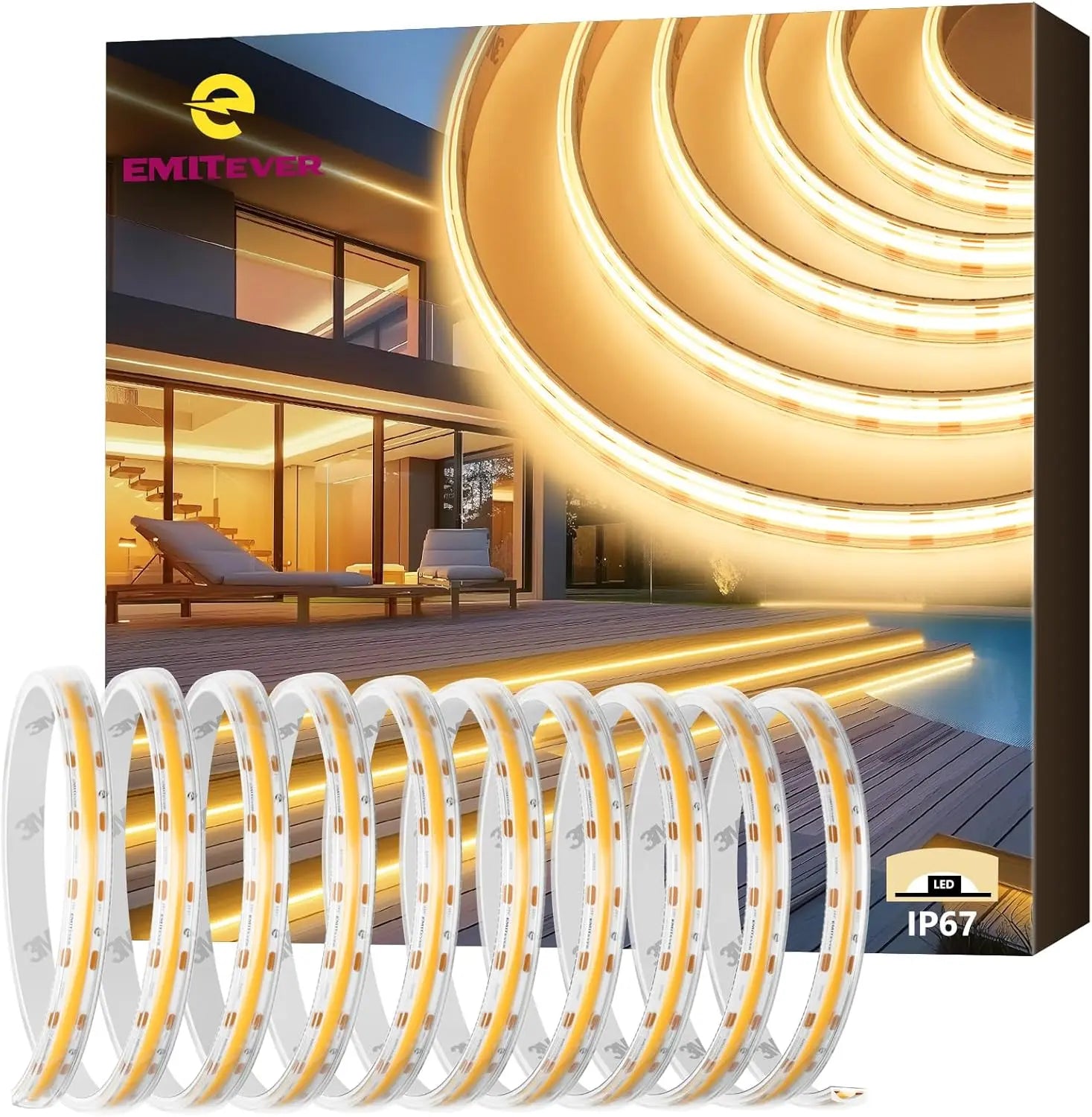 Waterproof, COB LED Strip Lights 2700K-5000K, IP67, 16.4ft High Density, 300+LM/ft, 2400LEDs, 3W/ft, UL Listed (Power Supply Sold Separately) Emitever