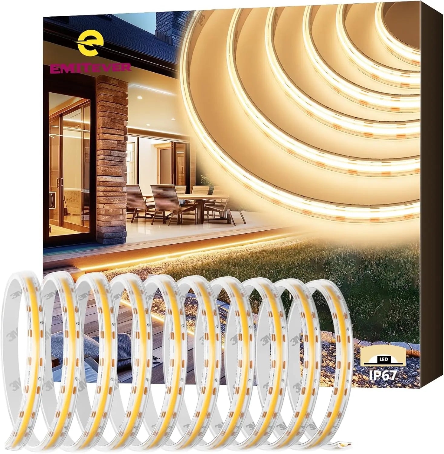Waterproof, COB LED Strip Lights 2700K-5000K, IP67, 16.4ft High Density, 300+LM/ft, 2400LEDs, 3W/ft, UL Listed (Power Supply Sold Separately) Emitever