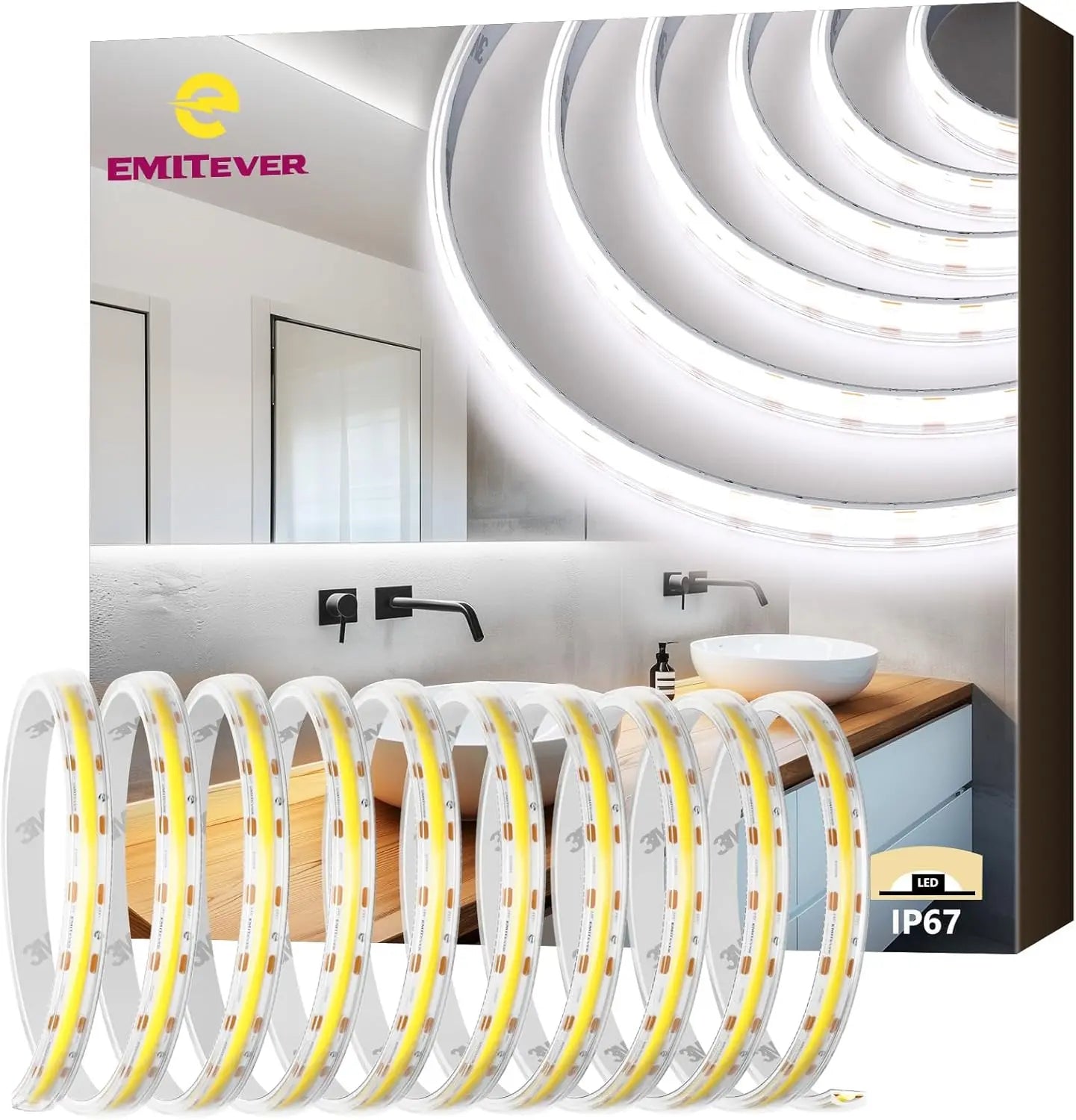 Waterproof, COB LED Strip Lights 2700K-5000K, IP67, 16.4ft High Density, 300+LM/ft, 2400LEDs, 3W/ft, UL Listed (Power Supply Sold Separately) Emitever