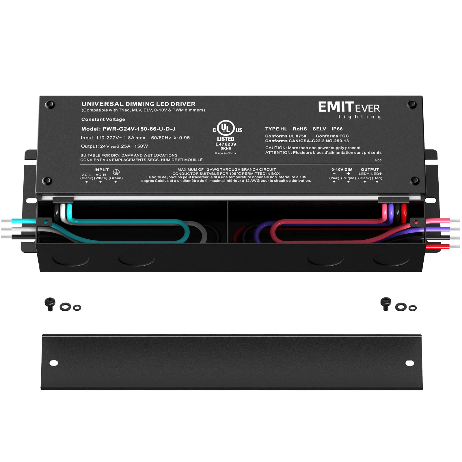 Emitever Dimmable Led Driver, 150W AC 110V-277V to DC 24V Transformer, 5-in-1 Dimming Emitever