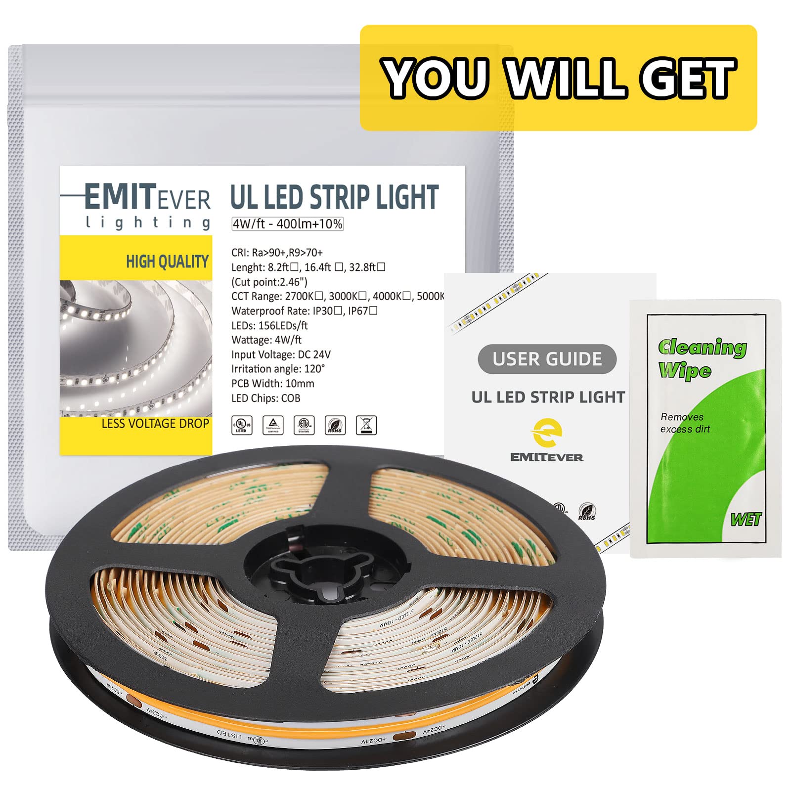 EMITEVER COB LED Strip Lights Warm White, 2700K Tape Light Premium High Density 16.4FT Emitever