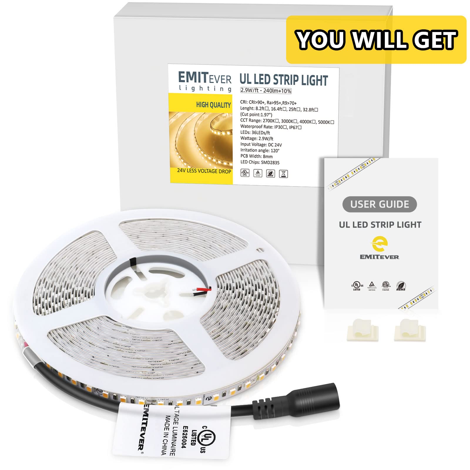 EMITEVER LED Strip Lights | UL 24V LED Tape Light Warm White, 3000K 25FT 900LEDs, 3000K 32.8FT 1200LEDs Emitever