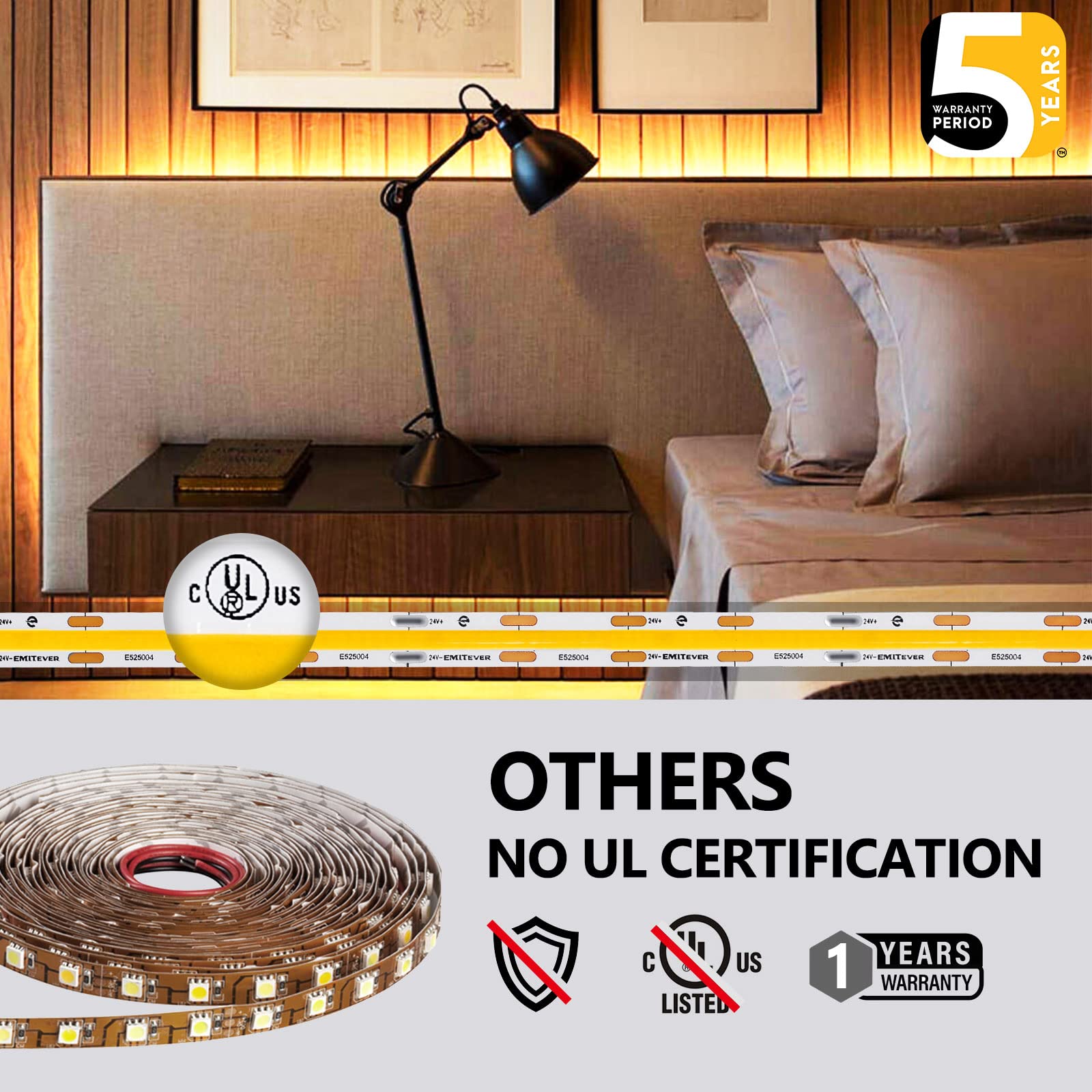 EMITEVER COB LED Strip Lights Warm White, 3000K Tape Light Premium High Density 16.4ft, 25ft, 32.8ft Emitever