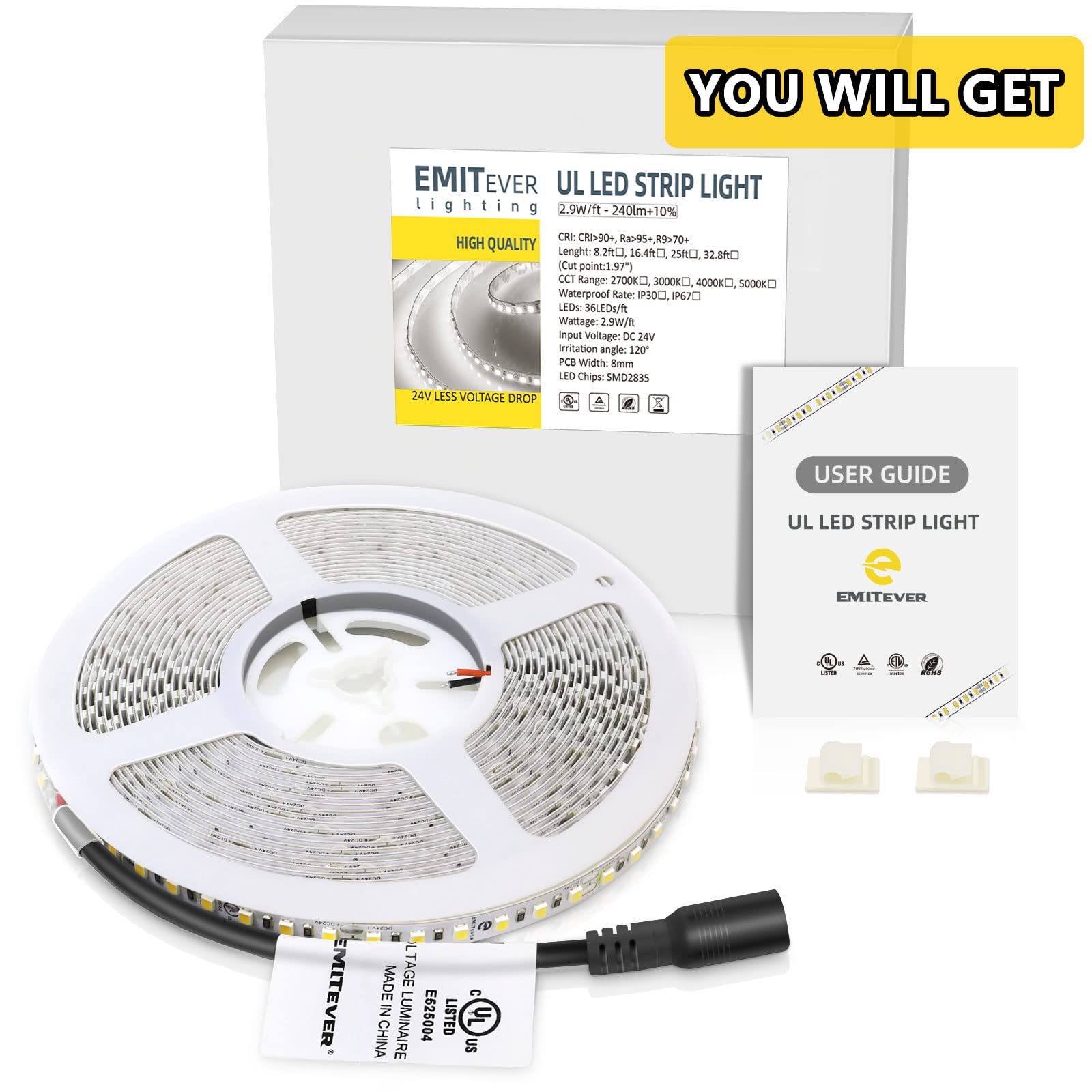 EMITEVER LED Strip Lights Cool White, 5000K 24V LED Tape Light 16.4ft, 25ft, 32.8ft Emitever