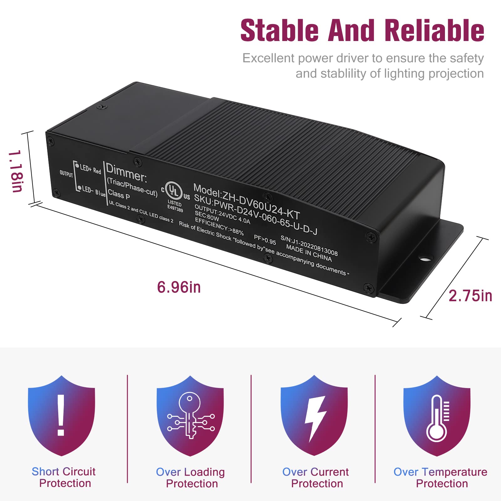 EMITEVER 60W Dimmable LED Driver,AC120V to DC24V Power Supply, Class 2 LED Transformer for LED Light Emitever