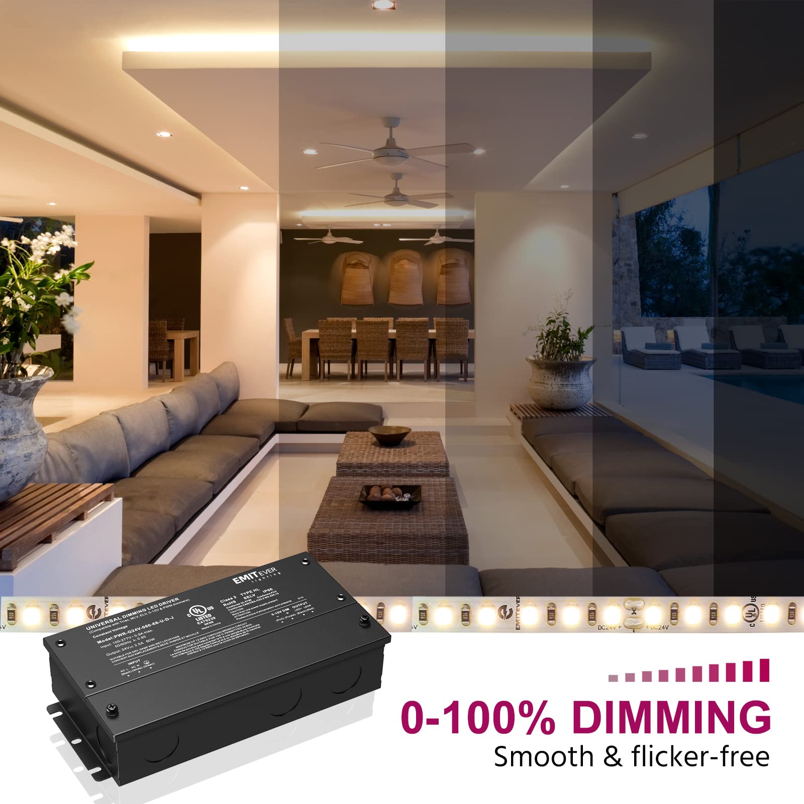 Emitever 60W Dimmable LED Driver, 24V Triac Dimmable Power Supply Emitever