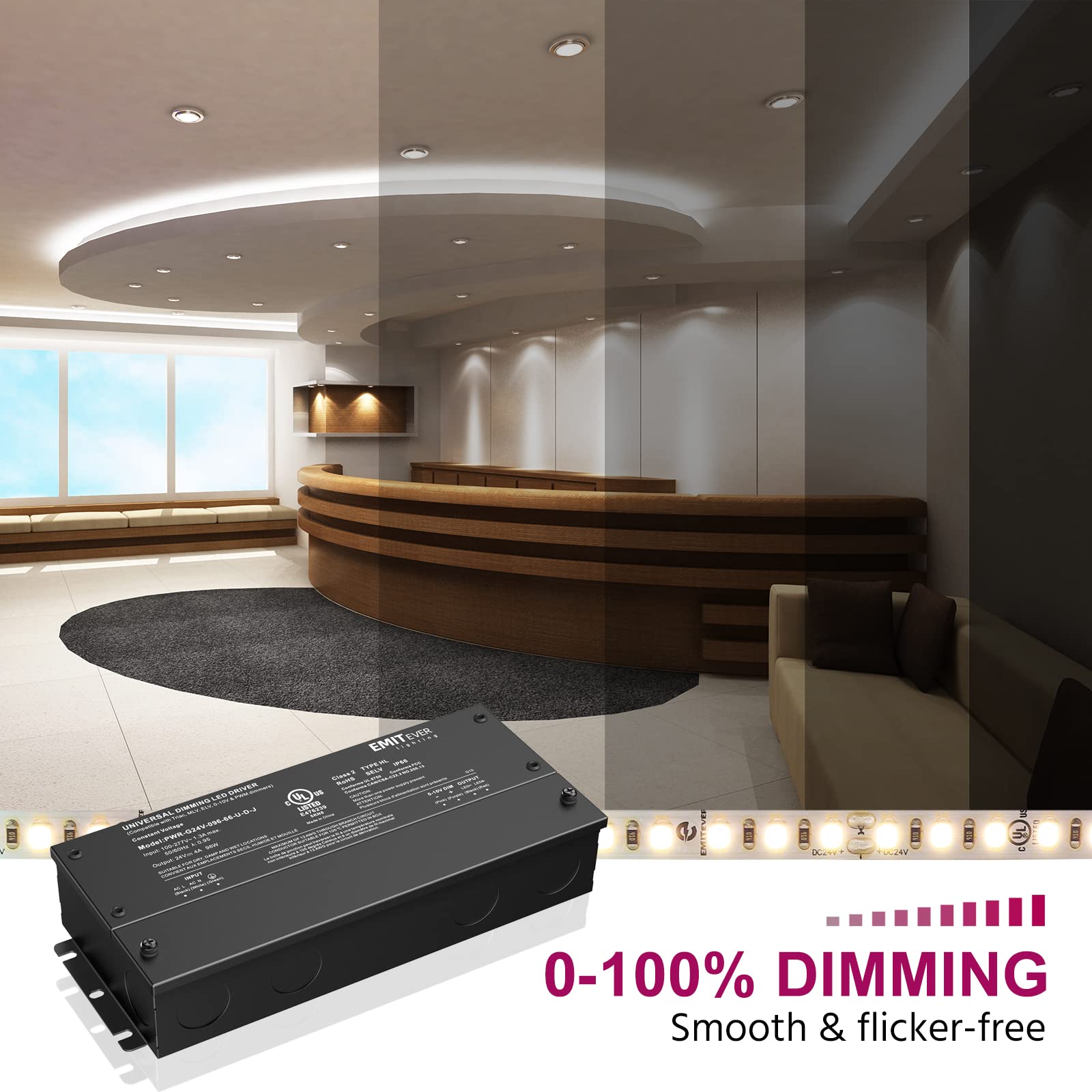 Emitever 96W Dimmable LED Driver, 24V Triac Dimmable Power Supply Emitever