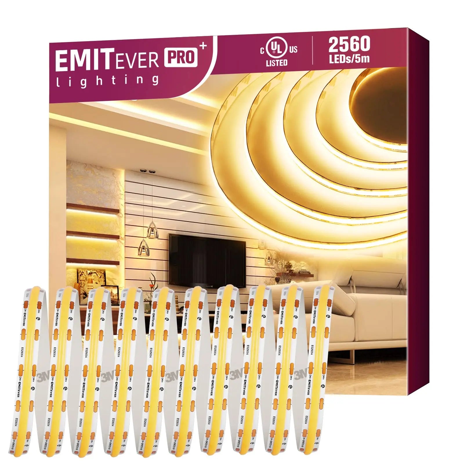 Emitever COB LED Strip Light 24V 3000K High Density