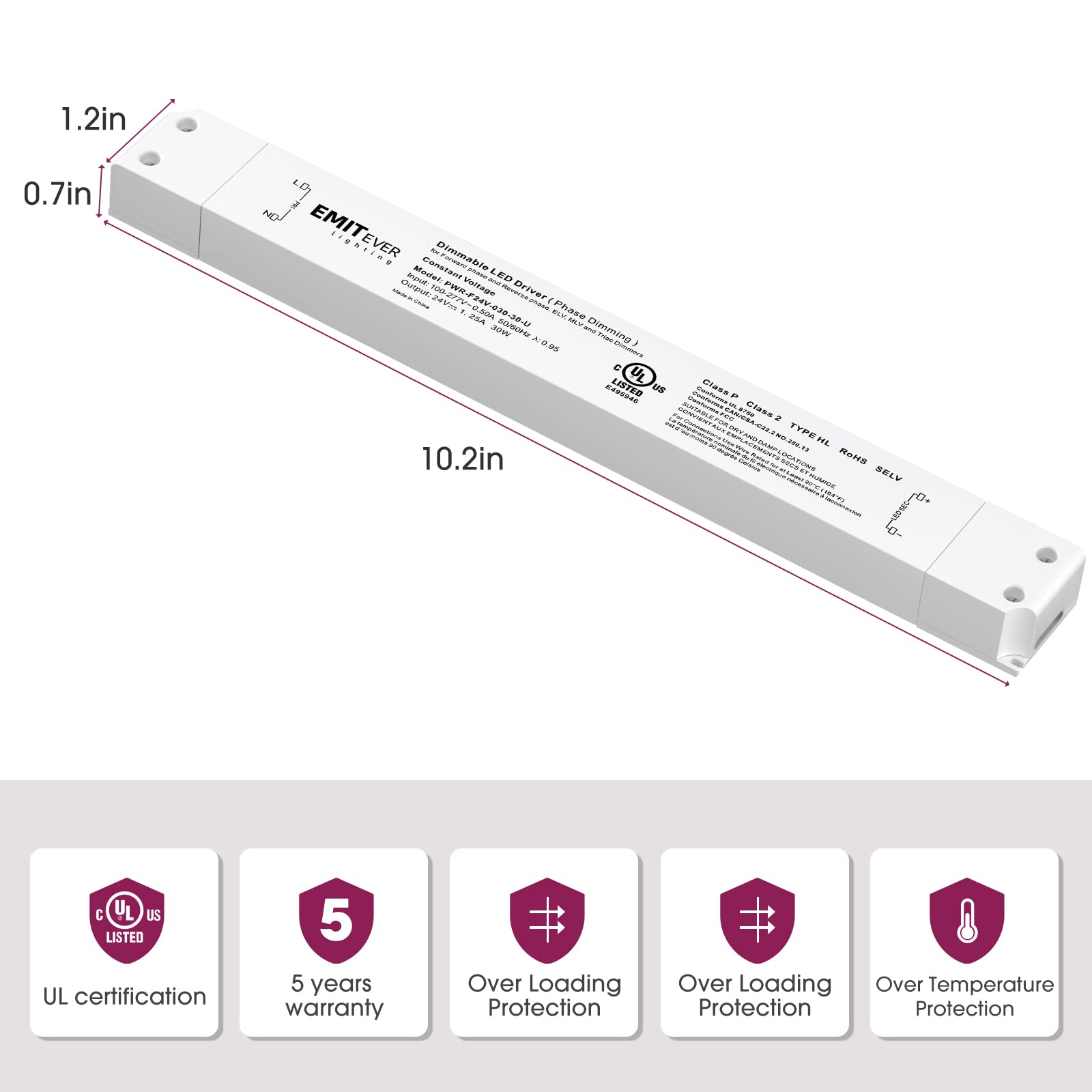 EMITEVER 30W Traic Dimmable LED Driver,Power Supply 100-277V AC to 24V DC, 0-100% Dimming Transformer Emitever