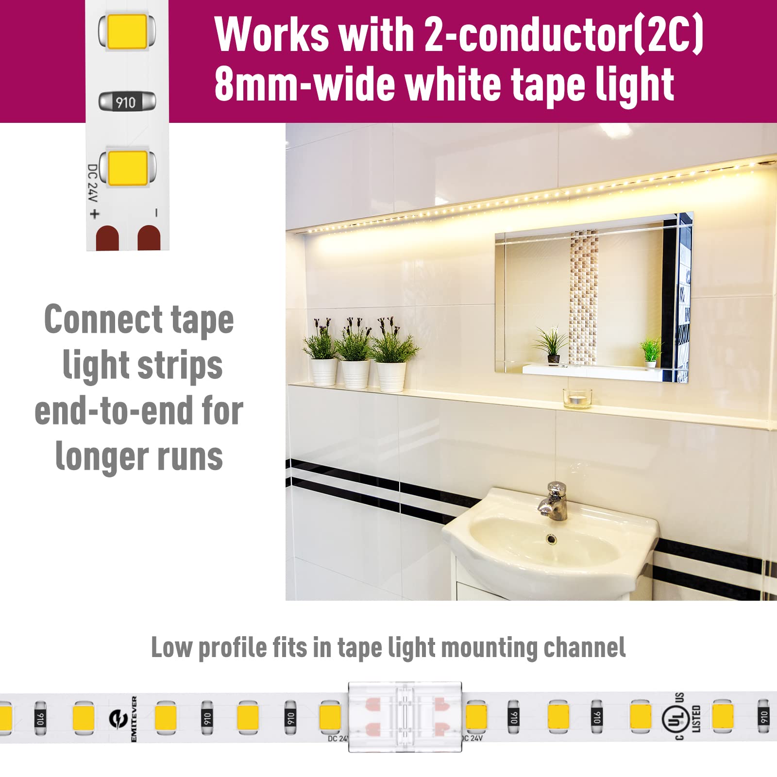 Emitever LED Strip Light Connector, 6 Packs LED Tape Light Connect, Tape to Tape for 8mm Width LED Strip Lights Emitever