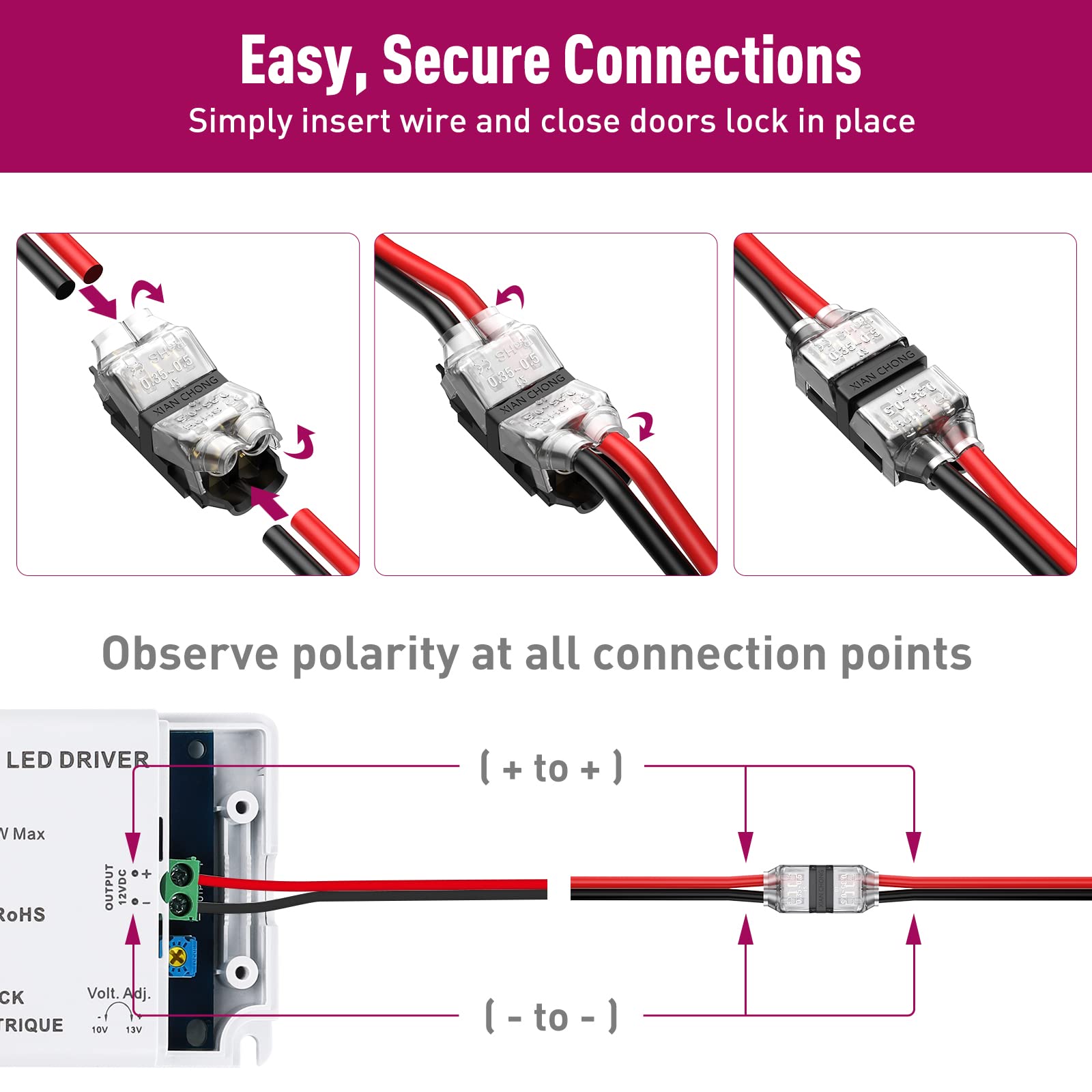 Emitever Low Voltage Wire Connectors, 6 Packs Wire to Wire Connector, 2 Way Automotive Wire Connectors, 2 Pins Emitever